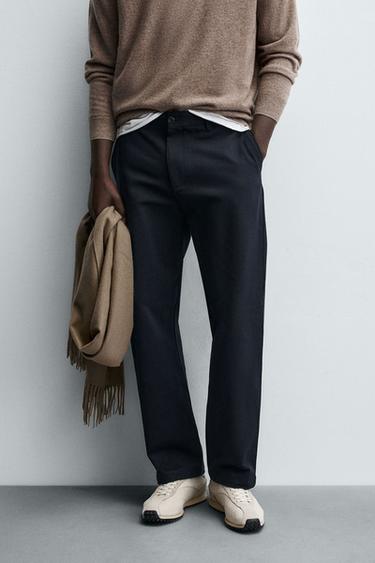 Zara TEXTURED STRAIGHT FIT PANTS - Navy blue