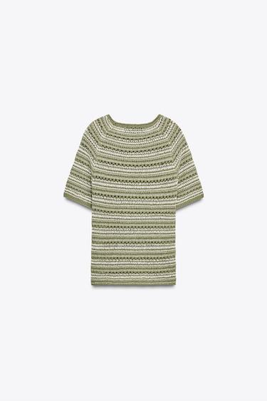 STRIPED TEXTURED KNIT SHORT SLEEVE TOP - Green / Ecru by Zara - Image 6
