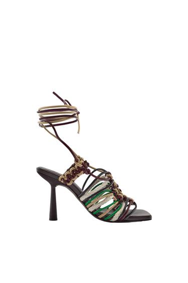 PLAITED LACE UP LEATHER HIGH-HEEL SANDALS