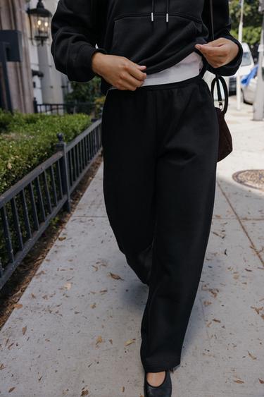 Zara WIDE LEG FLEECE PANTS - Black