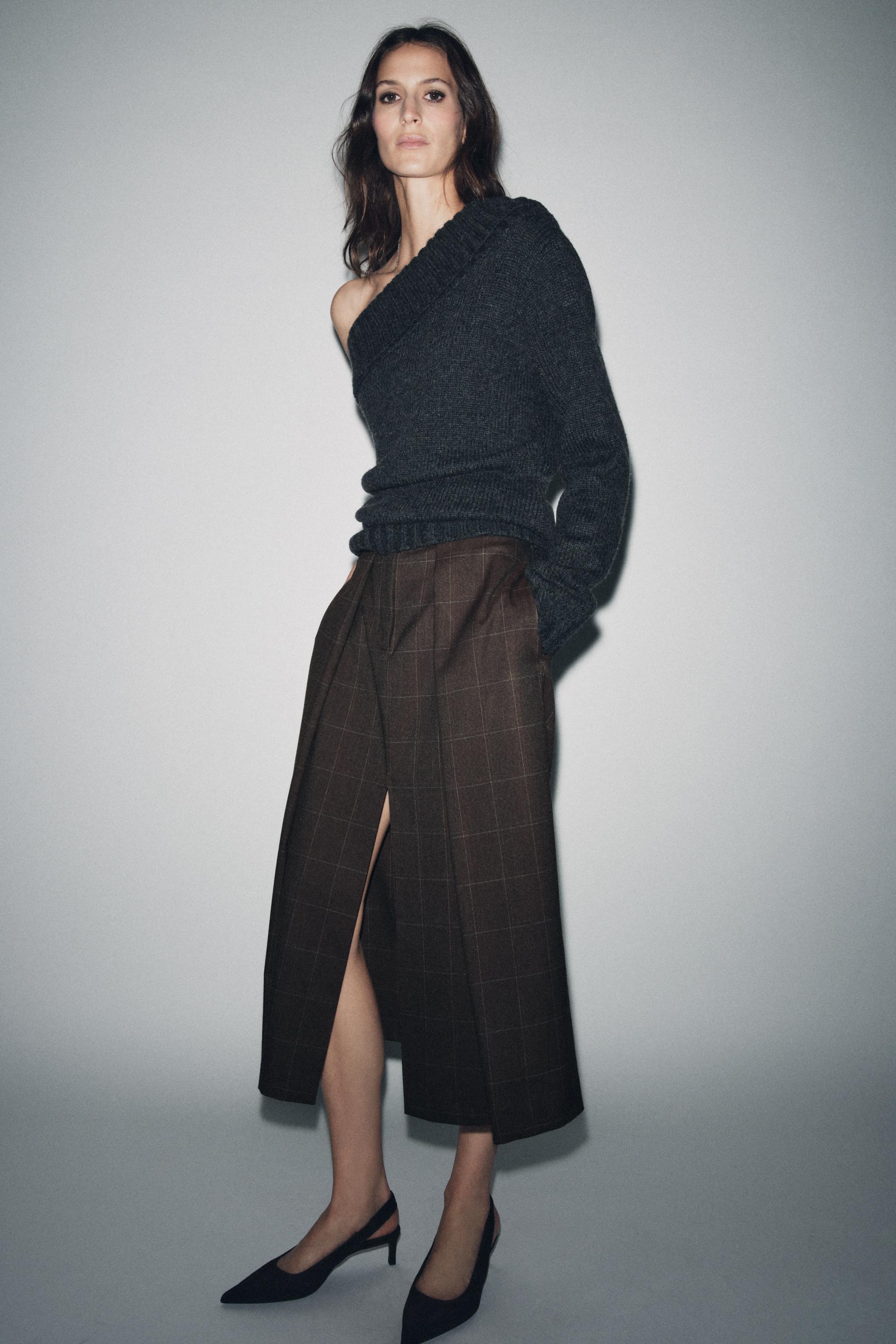 ZW COLLECTION PLEATED CHECK SKIRT - Brown | ZARA Turkey