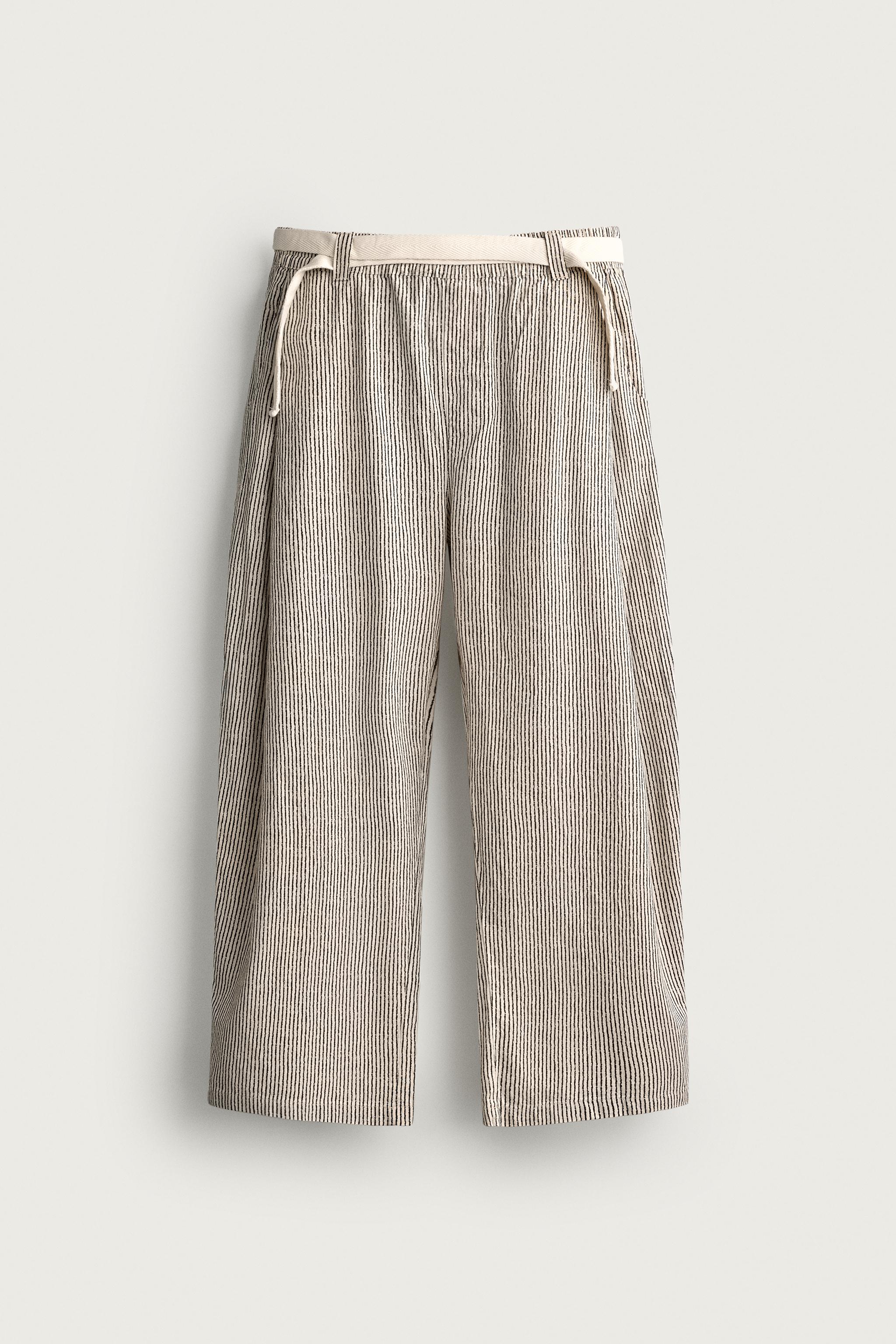 STRIPED WIDE FIT BELTED PANTS — striped