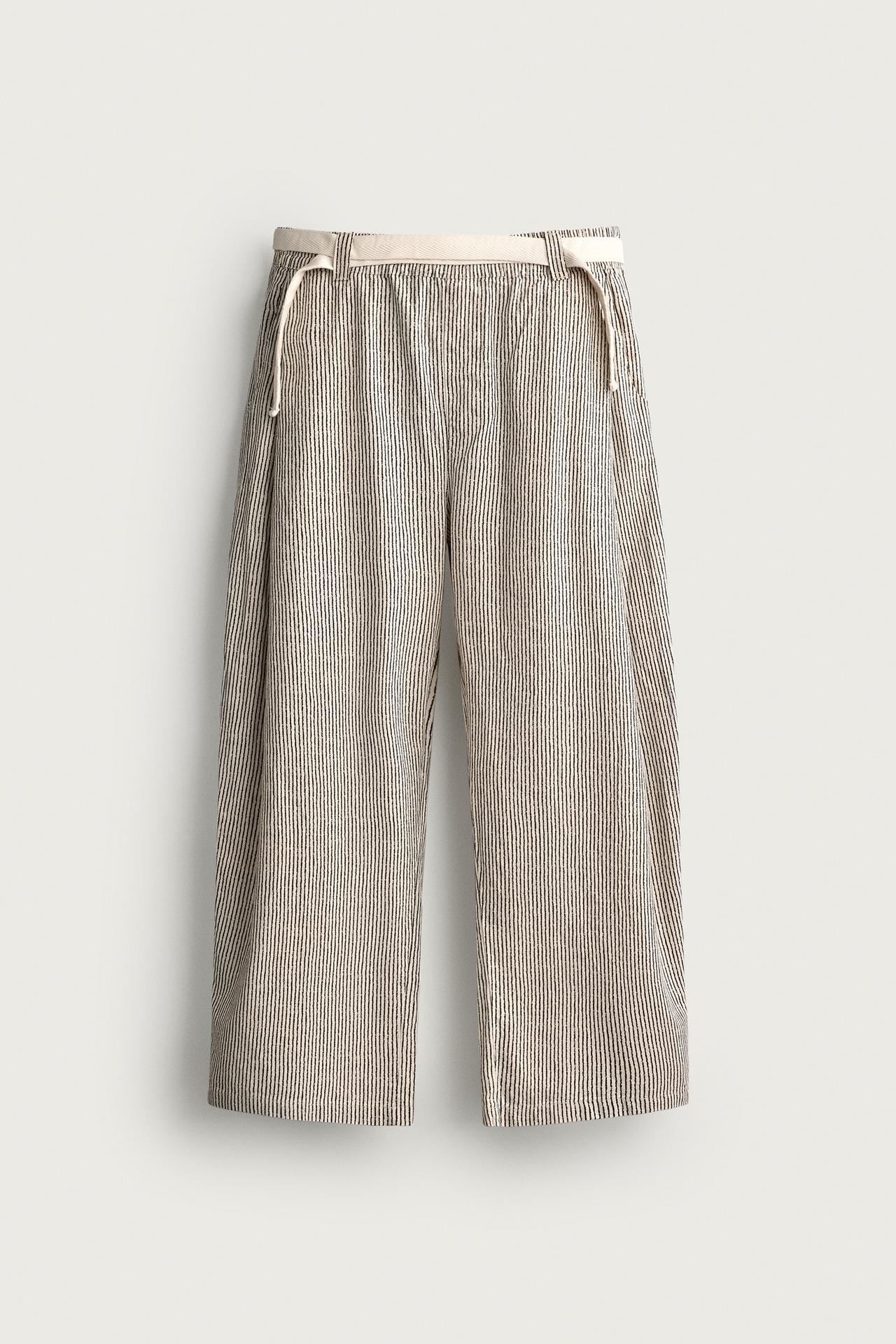 STRIPED WIDE FIT BELTED PANTS — striped