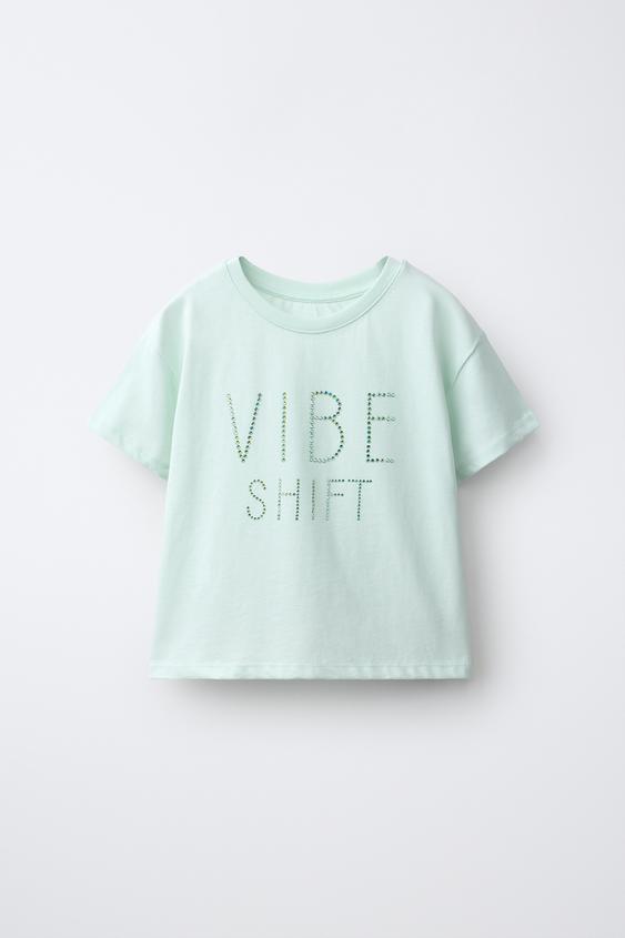 CAMISETA TEXTO STRASS - Verde agua de Zara - Imagen 0