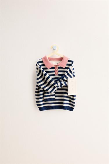 Zara ZARA TIMELESS - PRUGASTI POLO DŽEMPER – svetlosmeđa / mornarsko plava