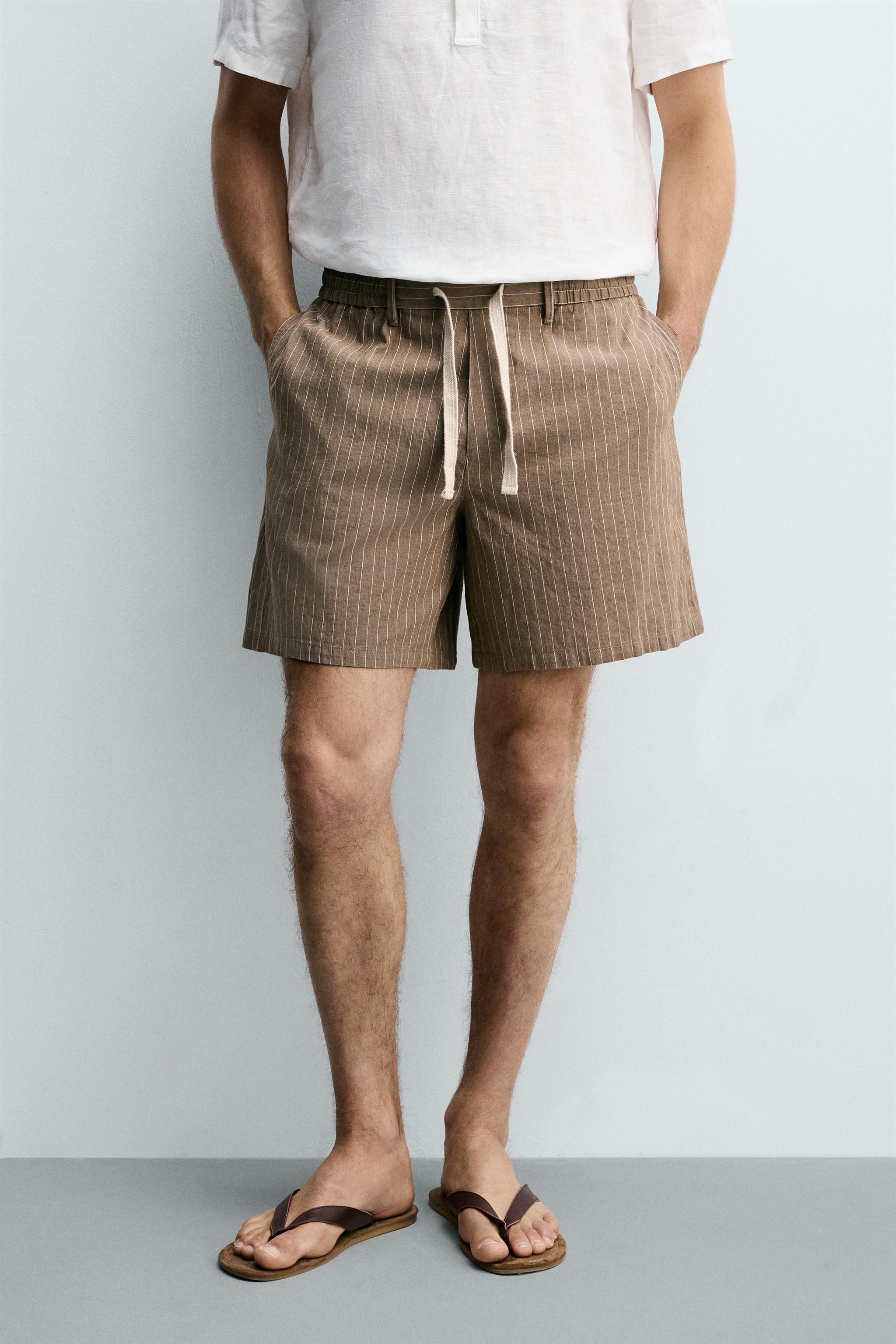 COTTON-LINEN RELAXED FIT SHORTS — Brown / Ecru