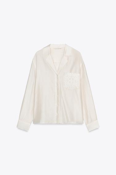 Zara ZW COLLECTION EMBROIDERED POCKET SHIRT - Oyster-white
