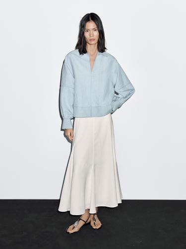 Zara Oversize denim blouse with puff sleeves - Light blue - Image 0