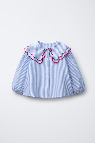 Zara STRIPED DOUBLE COLLAR SHIRT - Blue