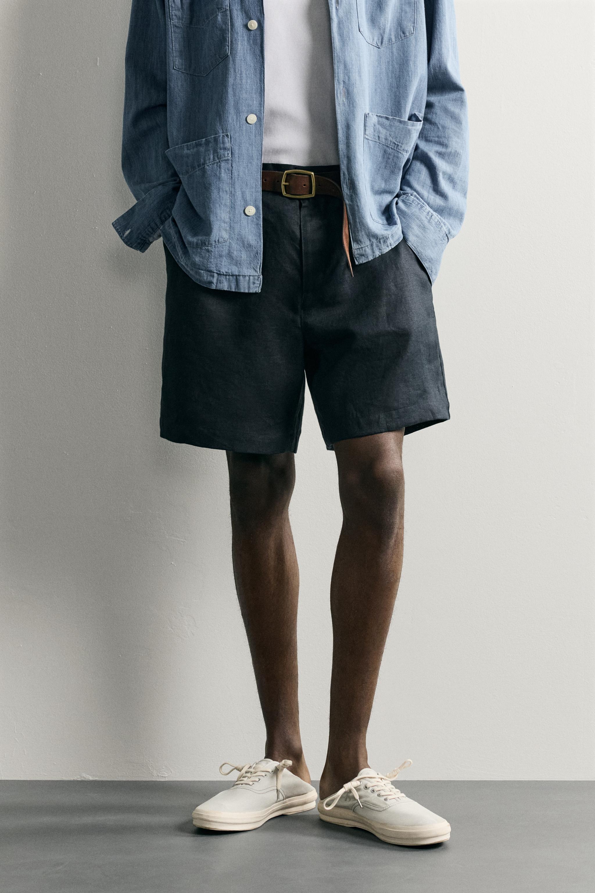 100% LINEN REGULAR FIT SHORTS — Navy blue