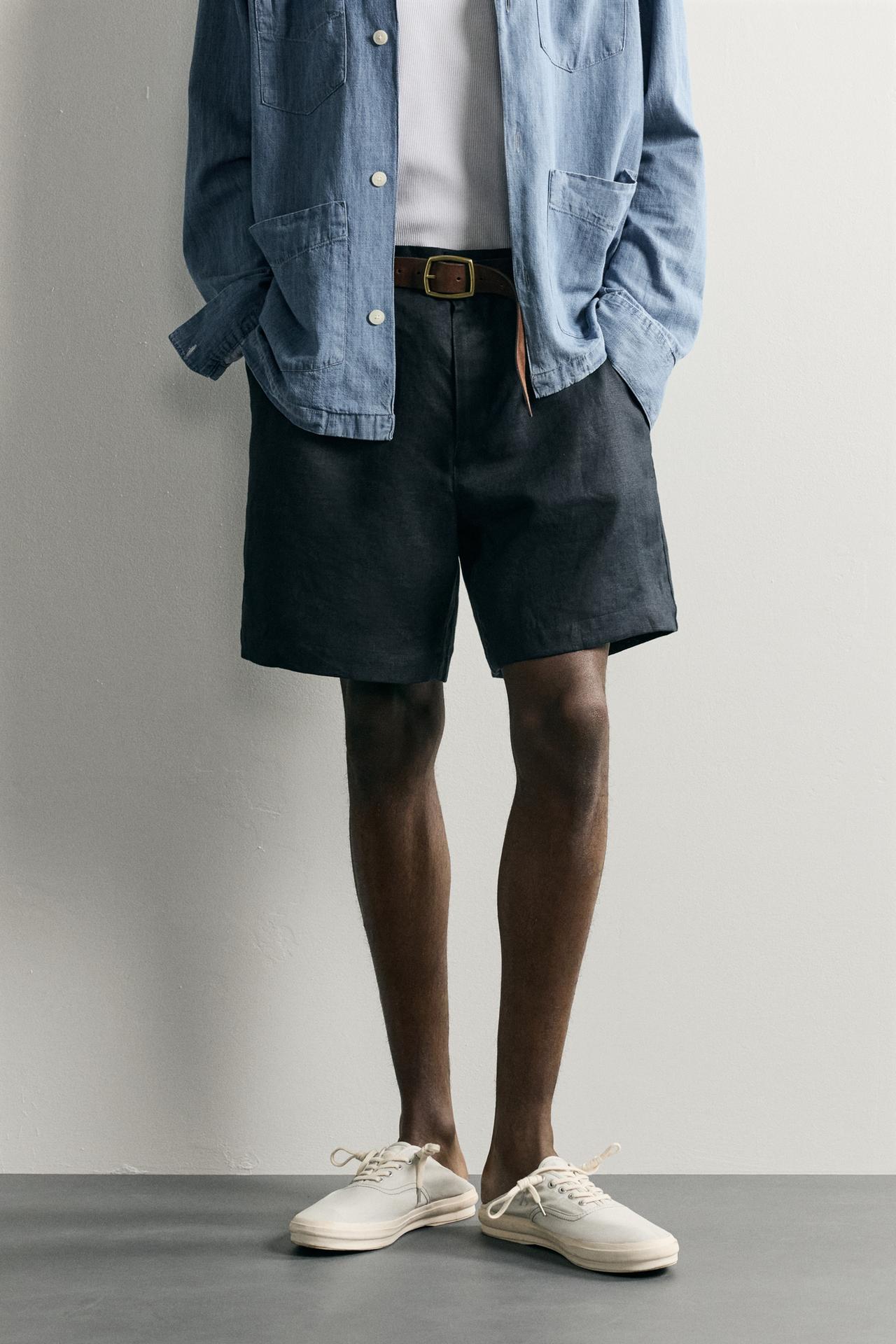 100% LINEN REGULAR FIT SHORTS — Navy blue