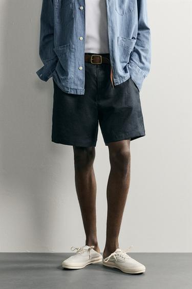 100% LINEN REGULAR FIT BERMUDA SHORTS - Navy blue by Zara