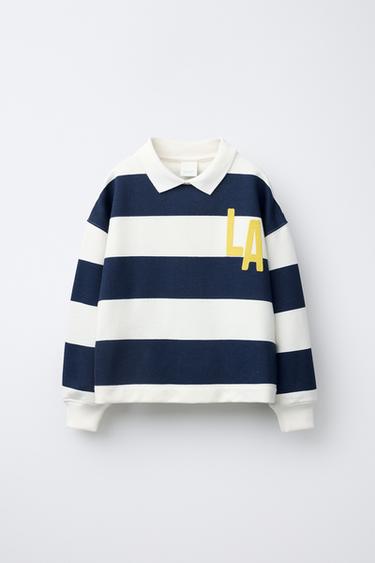 Zara STRIPED CROPPED POLO SWEATSHIRT - Blue