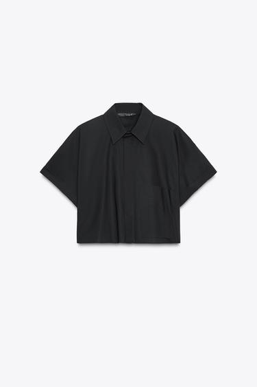 قميص CROP من البوبلين - أسود الخاص بـ Zara