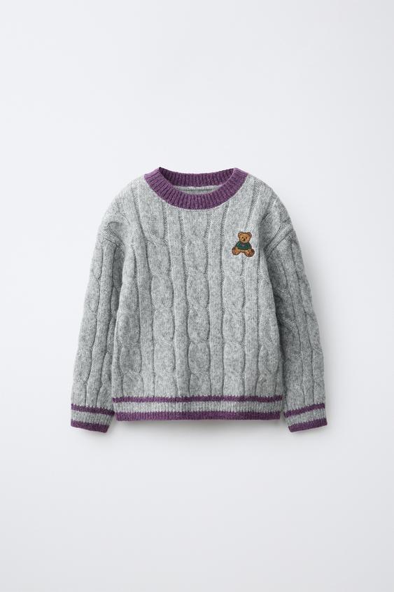 CABLE-KNIT BEAR EMBROIDERED JUMPER - Grey marl by Zara - Image 0