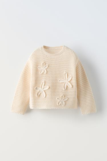 KNIT FLORAL SWEATER - Ecru by Zara - Image 0