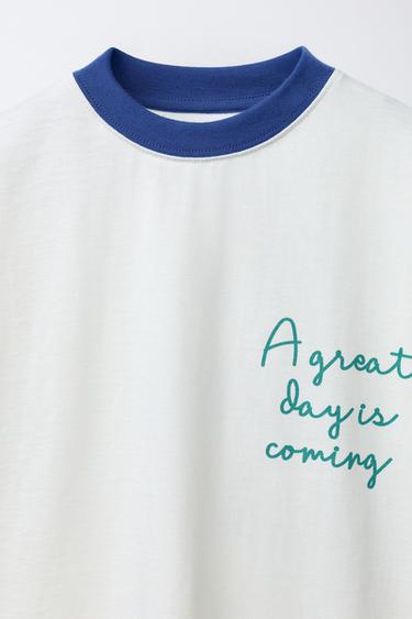 T-SHIRT WITH CONTRAST SLEEVES AND SLOGAN - White by Zara - Image 2