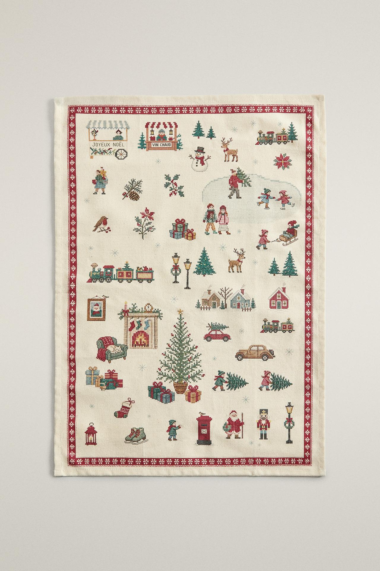 COTTON CHRISTMAS VILLAGE KITCHEN TOWEL (PACK OF 2) — Red