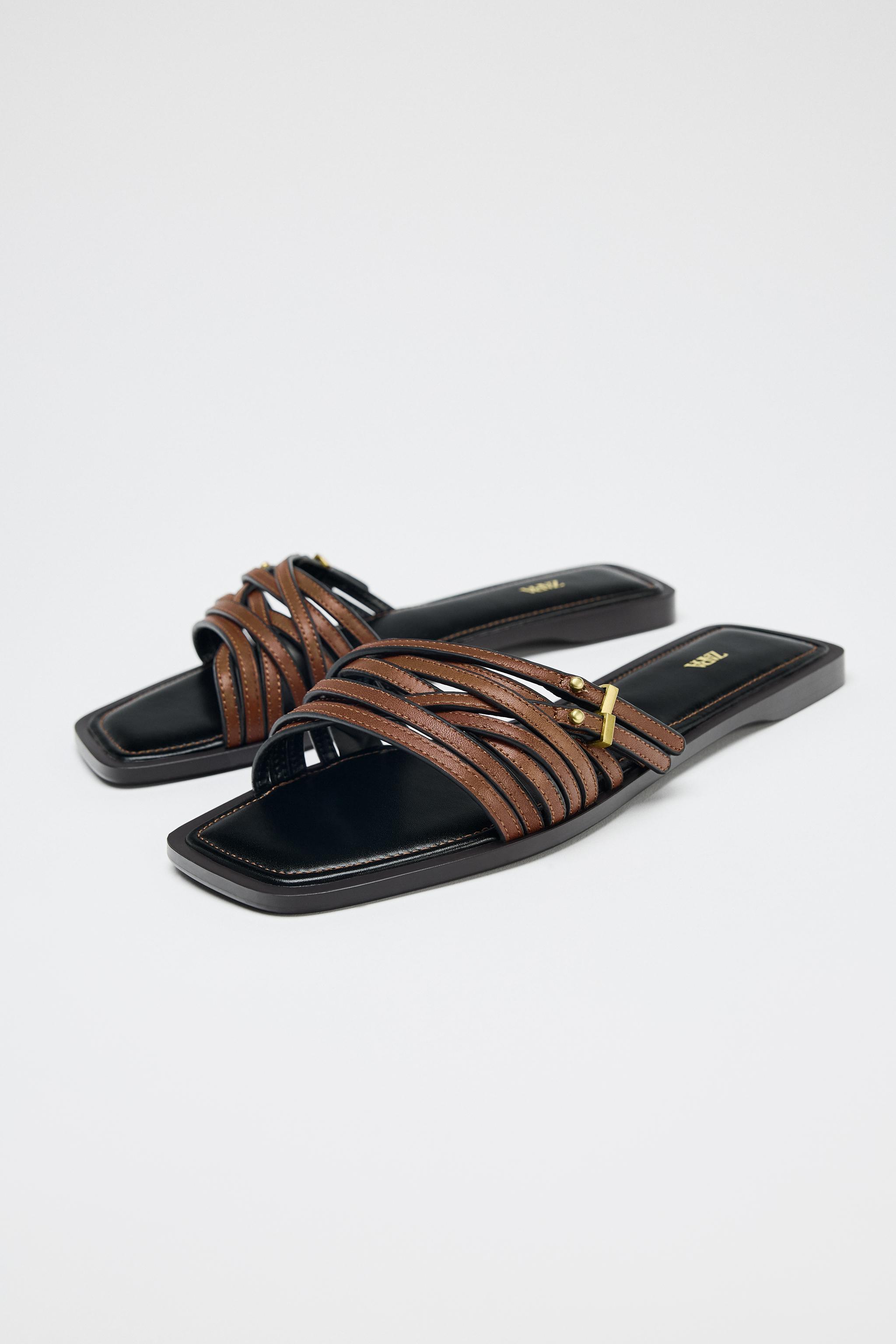 LEATHER STRAPPY SLIDE SANDALS