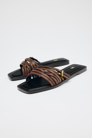 LEATHER STRAPPY SLIDERS WITH BUCKLE - Brown by Zara - Image 1