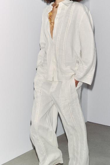 100% LINEN TOPSTITCH SHIRT ZW COLLECTION - Ecru by Zara - Image 3
