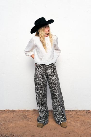 ANIMAL PRINT WIDE-LEG DENIM TROUSERS - Brown by Zara