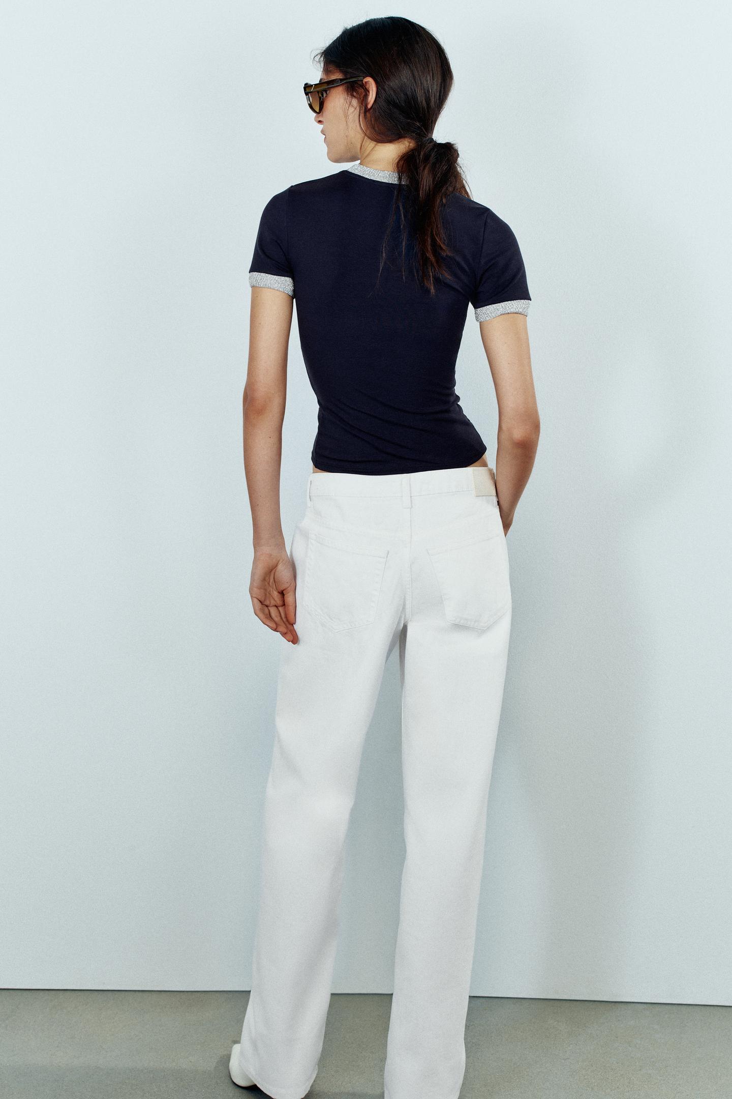 Женская футболка Zara Contrast Rib, цвет: Синий / Чёрный — фото 5