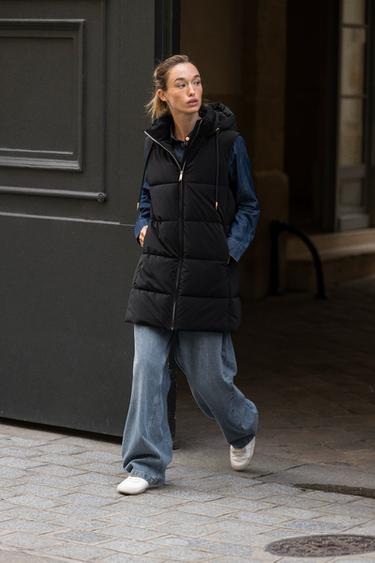 LONG QUILTED GILET WITH HOOD - Black by Zara - Image 0