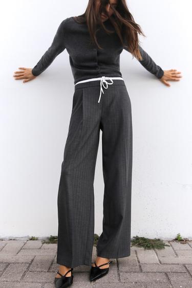 Zara DOUBLE WAIST WIDE LEG PANTS - Anthracite Gray
