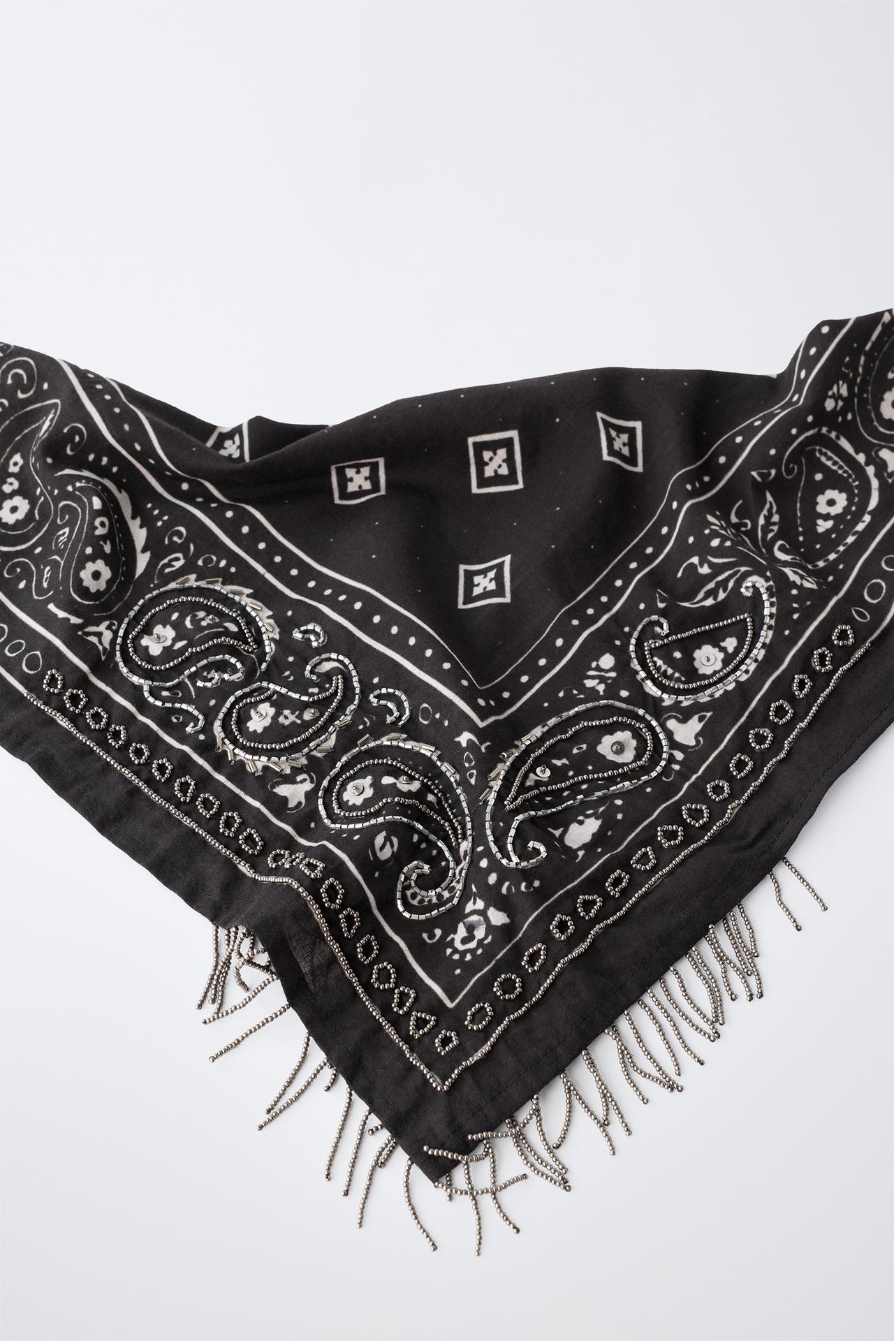 PAISLEY BEADED FRINGE BANDANA — Black