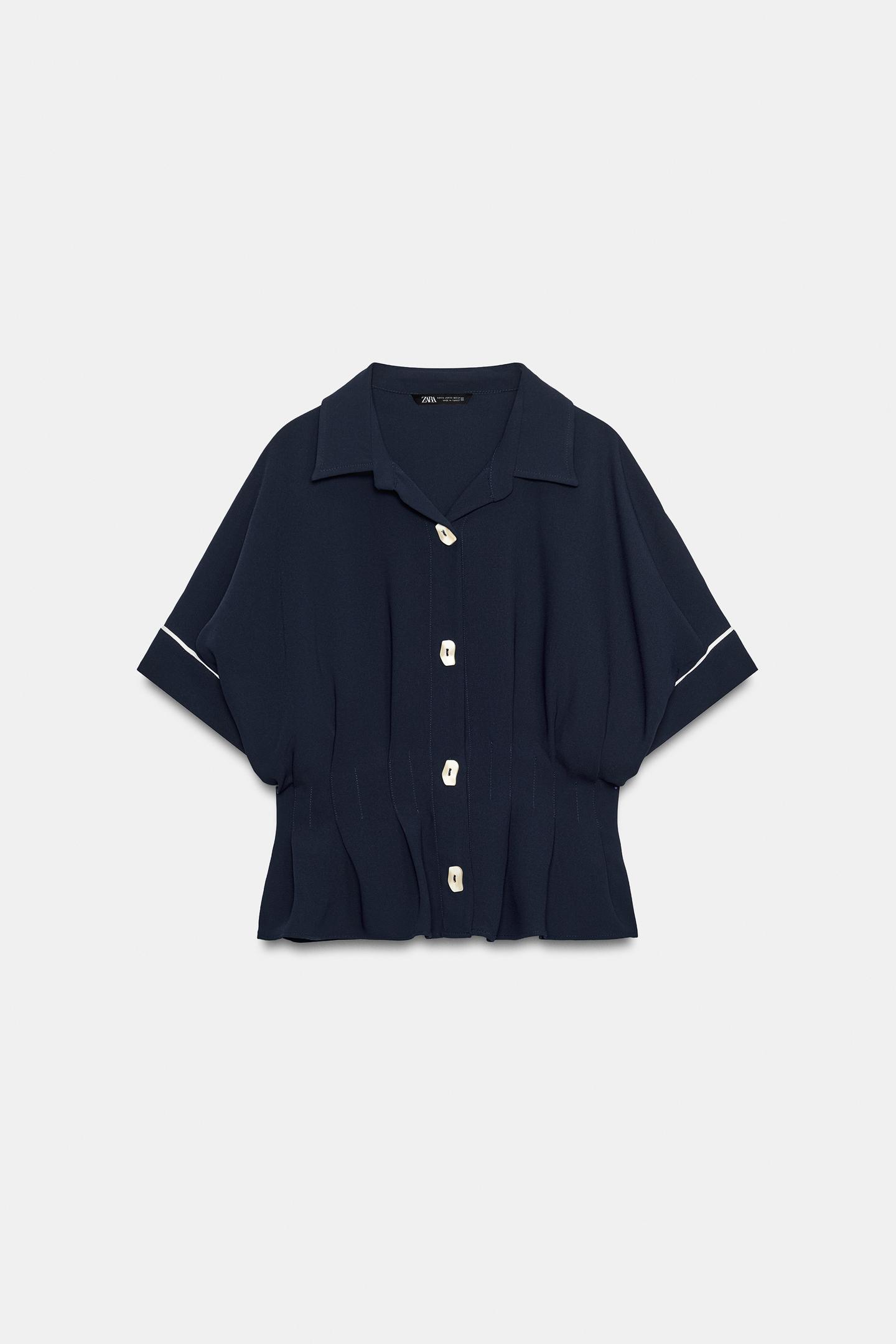 Женская рубашка Zara Contrast Trim Pleated, цвет: Тёмно-синий — фото 2