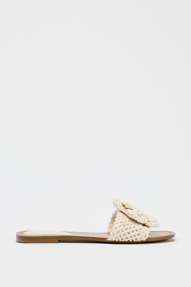 Zara CROCHET BOW FLAT SANDALS - Ecru