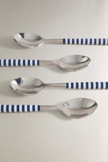 PACK OF DESSERT SPOONS WITH STRIPED HANDLES (PACK OF 4) - Blue/White by Zara - Image 3
