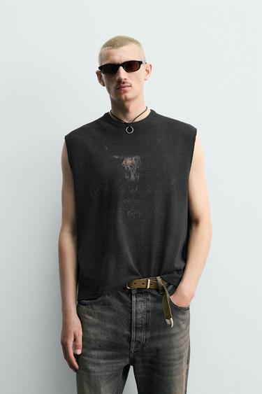 Zara PRINTED KNIT TANK TOP - Black