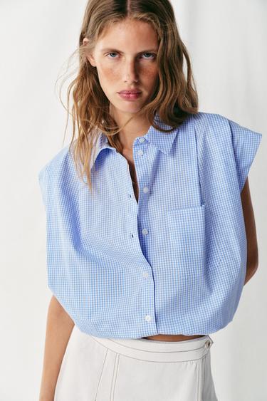 CAMISA CORTA GLOBO - Azul / Blanco de Zara