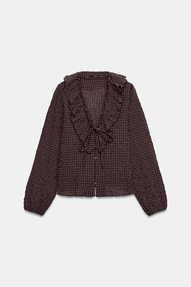 Zara PLAID RUFFLED SHIRT - GARNET