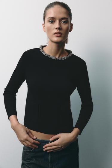 JERSEY PUNTO COLLAR JOYA - Negro de Zara