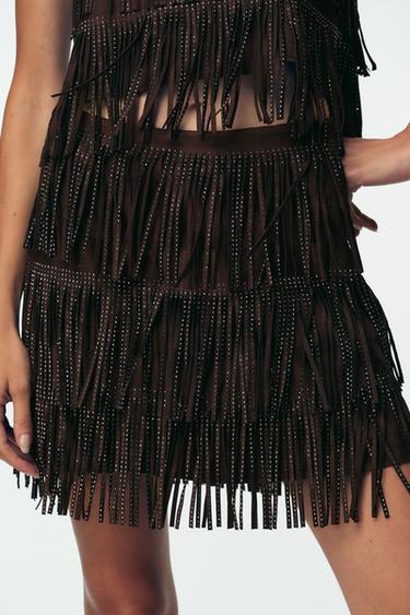 JUPE À FRANGES EFFET DAIM BRILLANT - Marron de Zara - Image 4
