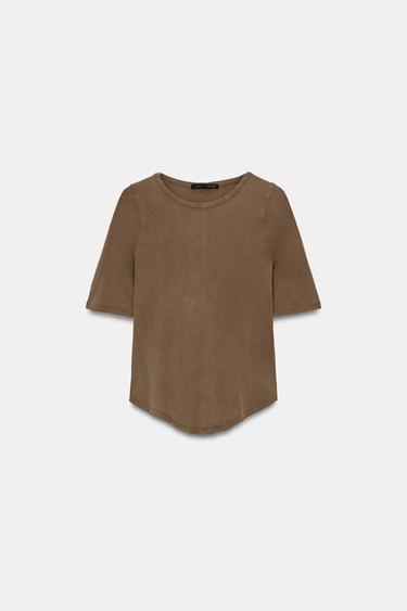 Zara WASHED EFFECT T-SHIRT - Dark brown