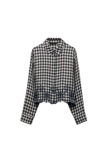 Zara EMBROIDERED EYELET CHECK SHIRT - Ecru / Navy - Image 0