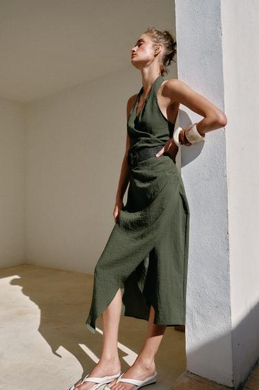 MIDI LINEN BLEND DRESS WITH BELT - Dark khaki by Zara