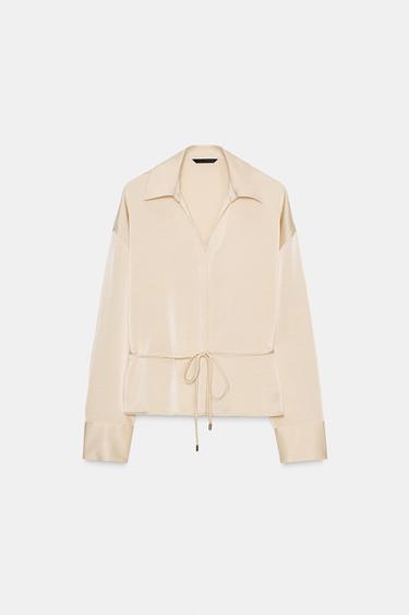 BLOUSE SATINÉE CEINTURE FINE - Beige de Zara - Image 4
