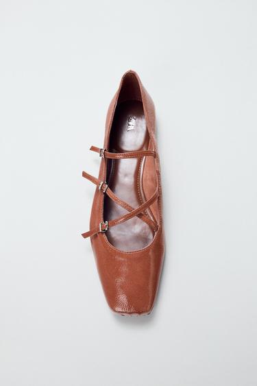 Zara LEATHER SQUARE TOE BALLET FLATS - Beige