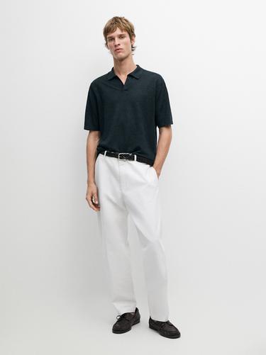 Zara Linen V-neck polo sweater - Navy blue