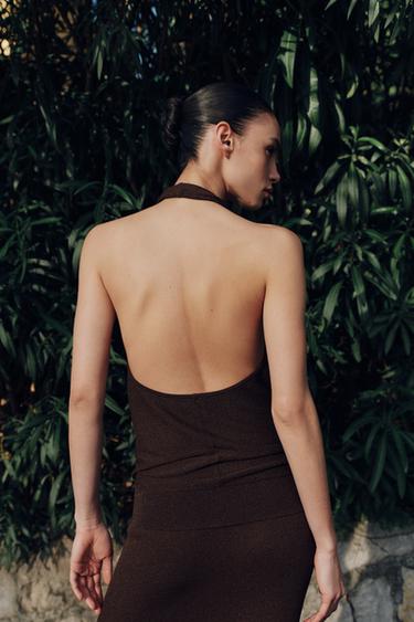 Zara METALLIC THREAD RIB KNIT HALTER TOP - Brown