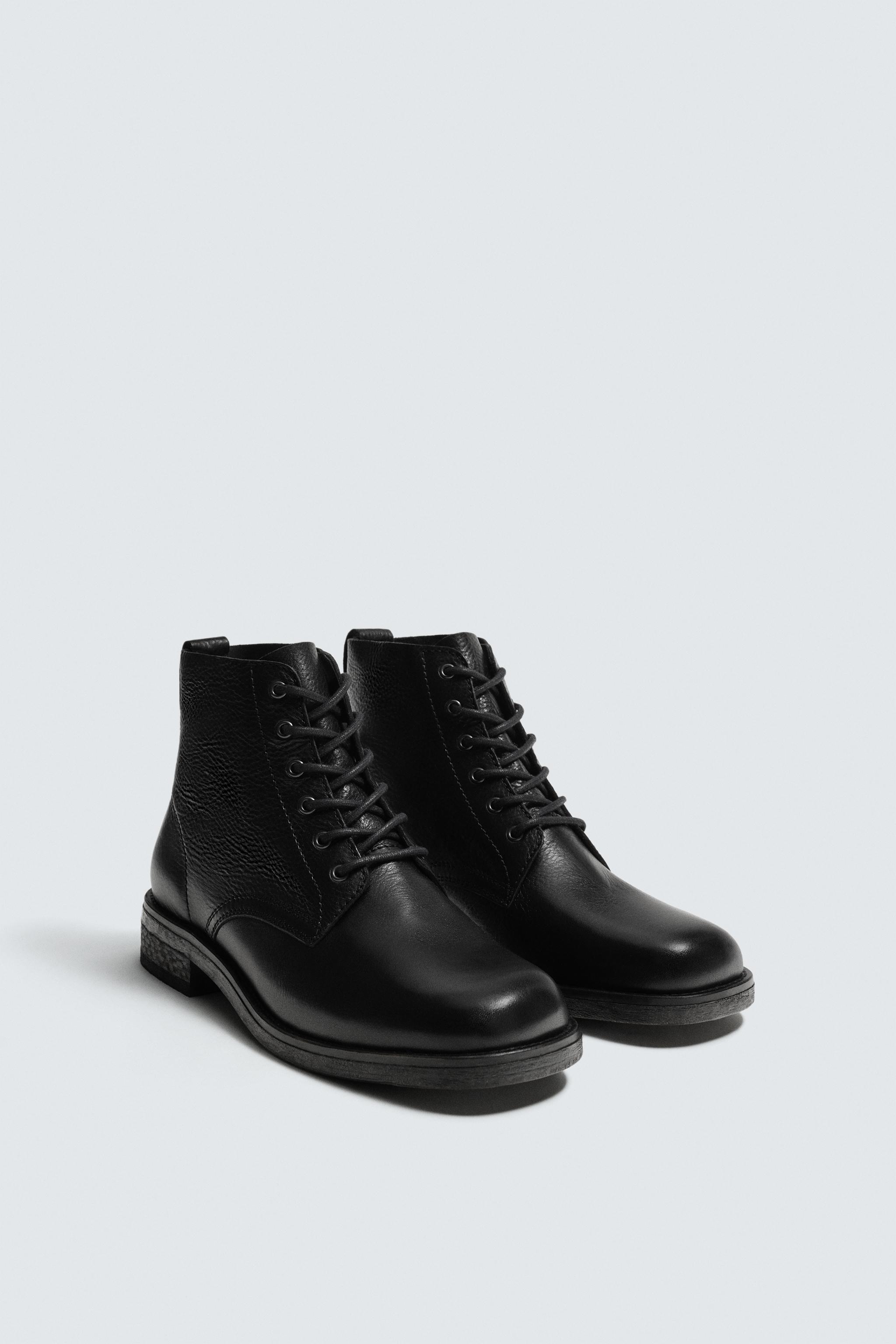 LACED LEATHER BOOTS — Black