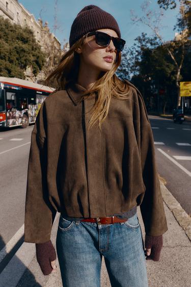 스웨이드 스타일 봄버 재킷 - Zara의 다크 브라운 - 이미지 0