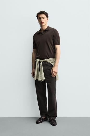 REGULAR FIT COTTON/LINEN KNIT POLO SHIRT - Chocolate by Zara