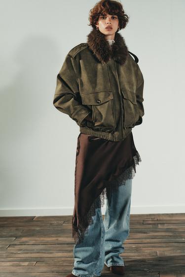 REMOVABLE COLLAR FAUX SUEDE JACKET - Khaki by Zara - Image 0