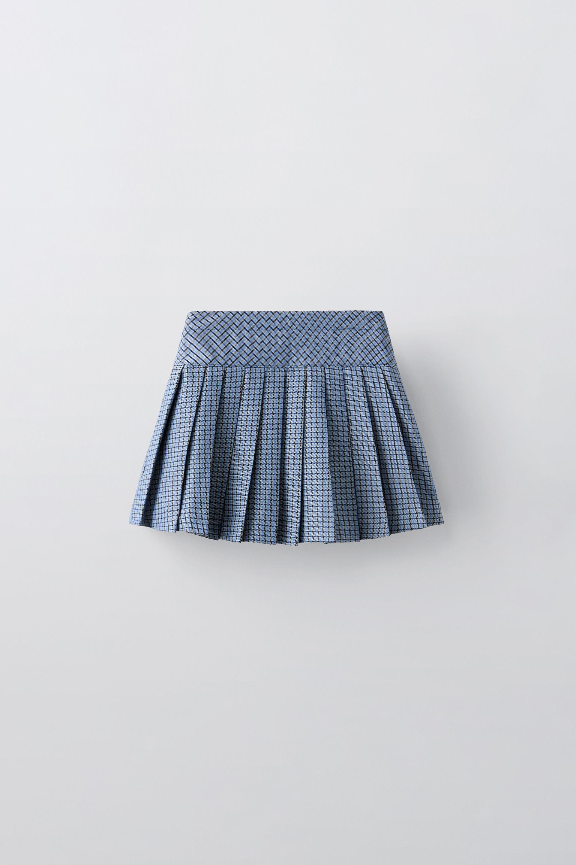 PLAID BOX PLEAT SKIRT Blue ZARA Canada